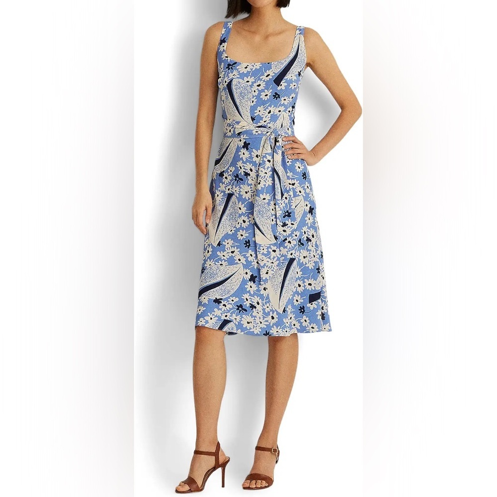Lauren Ralph Lauren Floral Crepe Sleeveless Dress - Size 10 - Blue/Cream - NWT
